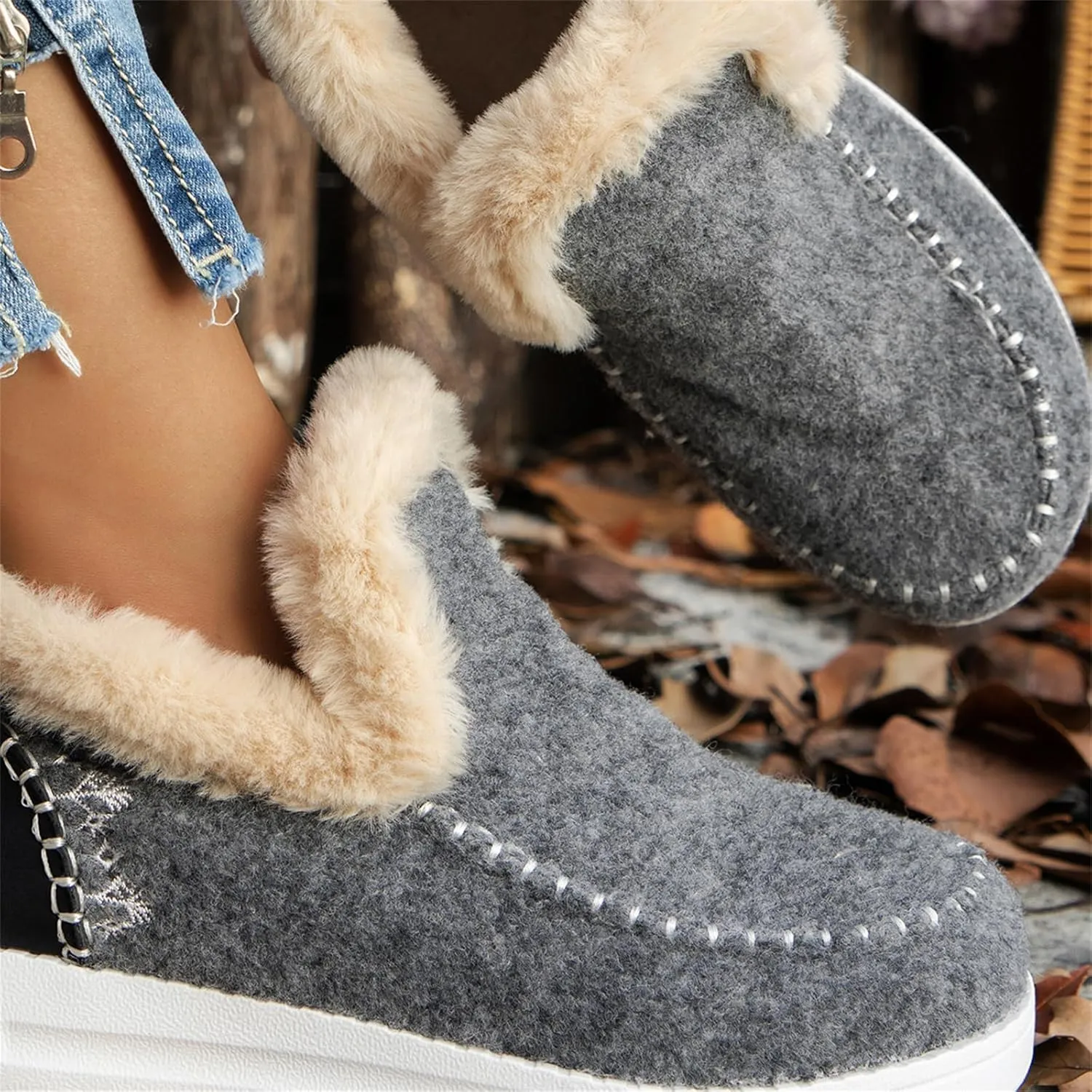 Winter Boots For Women 2024 Dressy Casual Slip-on Warm Loafers Shoes Faux Fur-Lined Comfortable Snow Ankle Boots