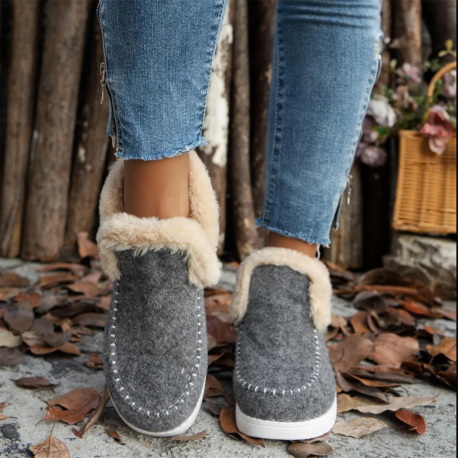 Winter Boots For Women 2024 Dressy Casual Slip-on Warm Loafers Shoes Faux Fur-Lined Comfortable Snow Ankle Boots