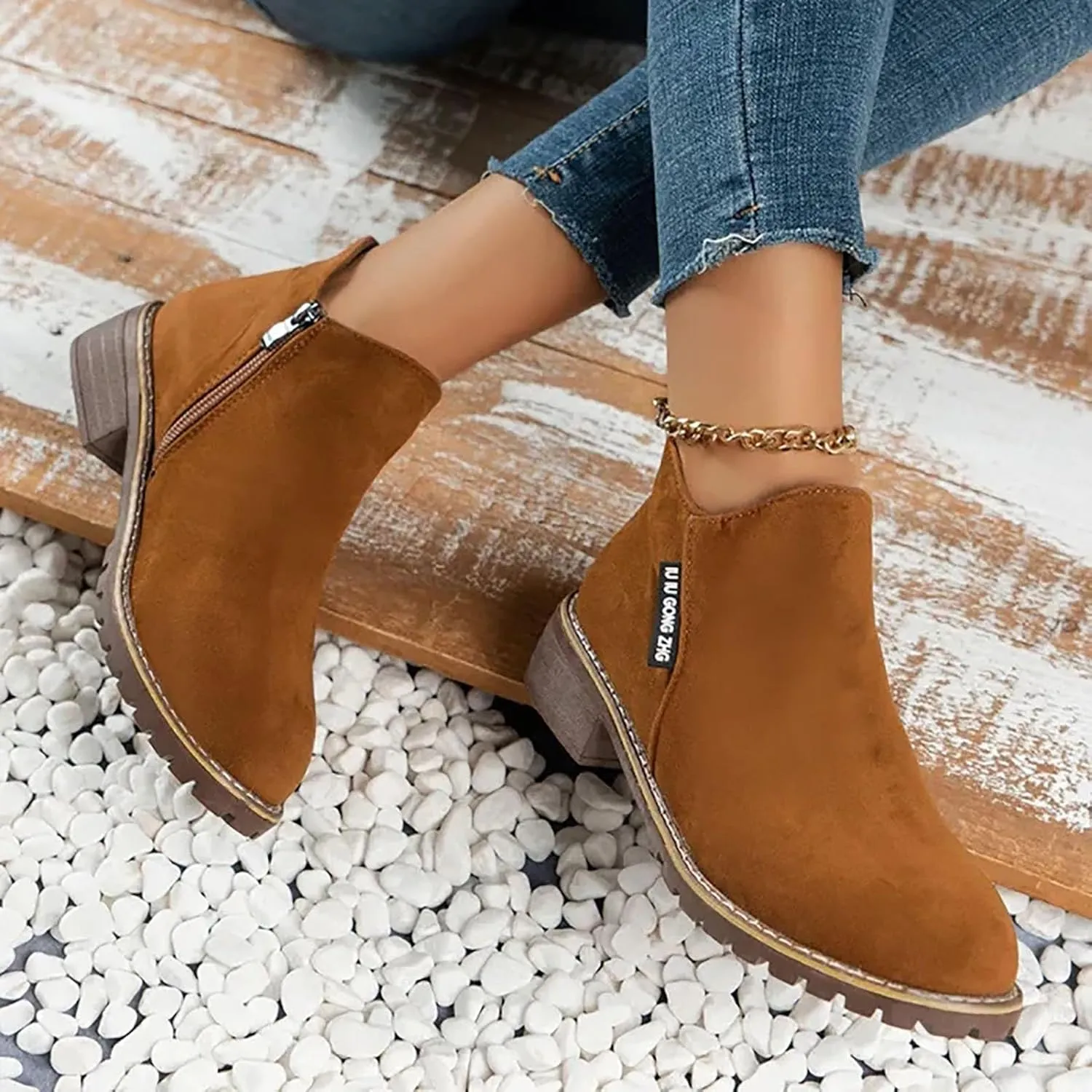 Women Casual Work Boots Chunky Heel Zipper Women Boots Comfortable Round Toe Ankle Comfortable Slip-On Lightweight