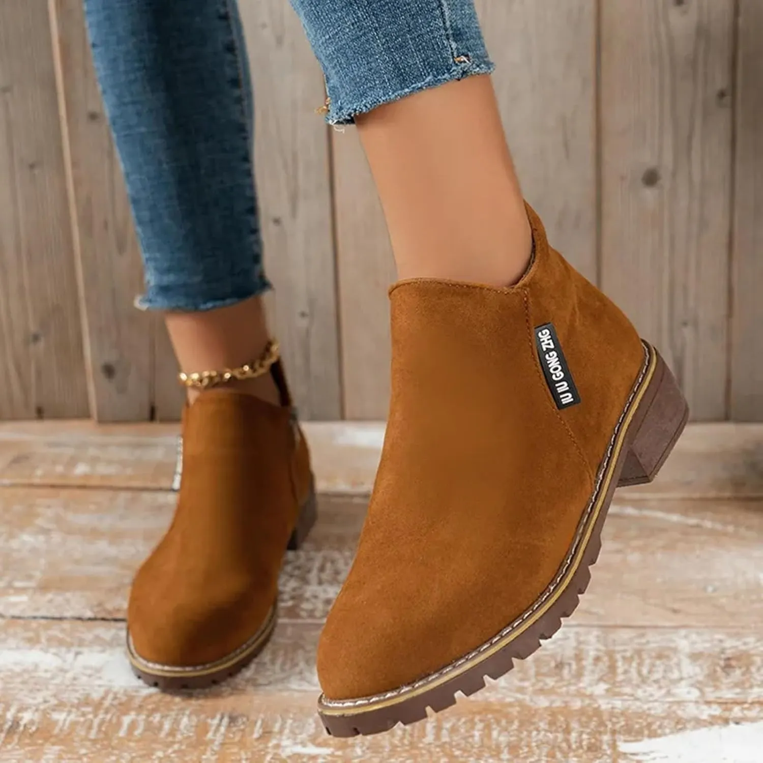 Women Casual Work Boots Chunky Heel Zipper Women Boots Comfortable Round Toe Ankle Comfortable Slip-On Lightweight