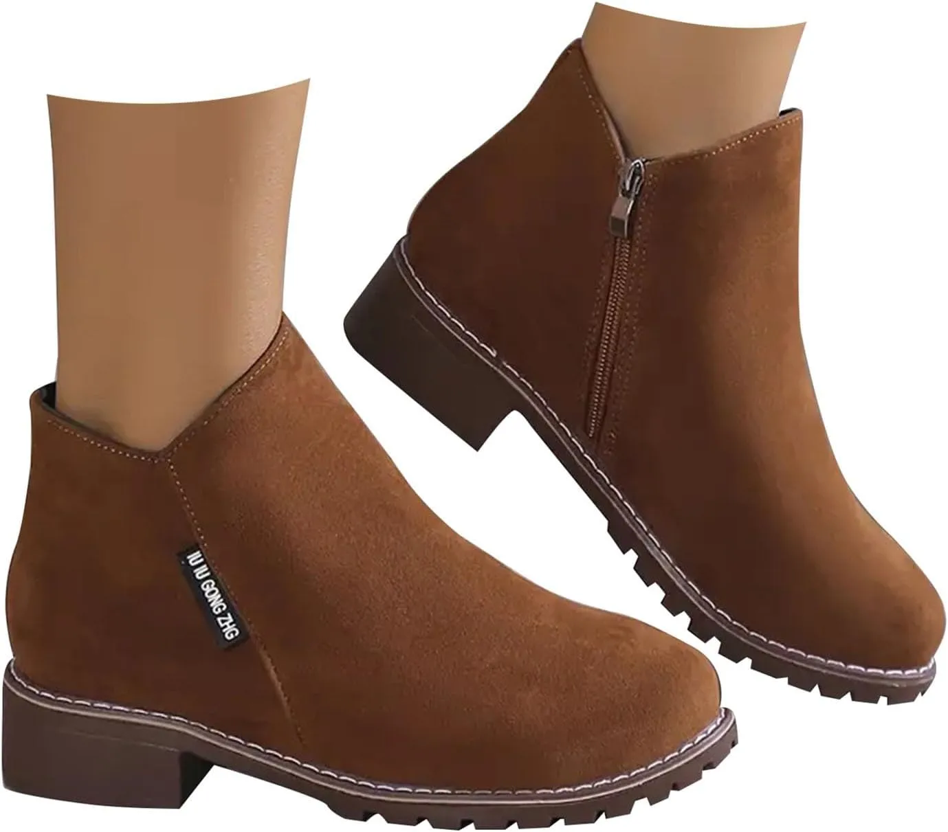 Women Casual Work Boots Chunky Heel Zipper Women Boots Comfortable Round Toe Ankle Comfortable Slip-On Lightweight
