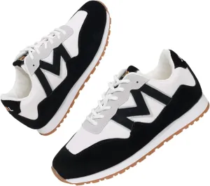 Women's Fashion Sneakers - Black and White Low Top Lace-Up Trainers, Anti-Slip Dad Sneakers