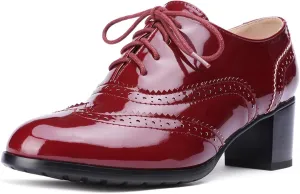 Women's Patent Leather Wingtip Oxfords,Vintage Casual Comfort Non-Slip Lace Up Platform Low Heel Brogue Shoes Dress Shoes
