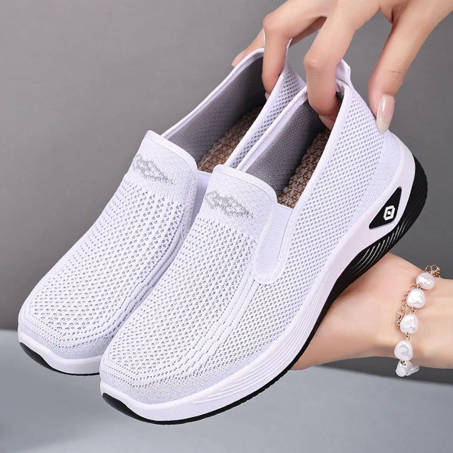 Women's Woven Orthopedic Breathable Soft Shoes Slip On Arch Support Walking Flying Sneakers Comfortable Wide Width Walking Shoes