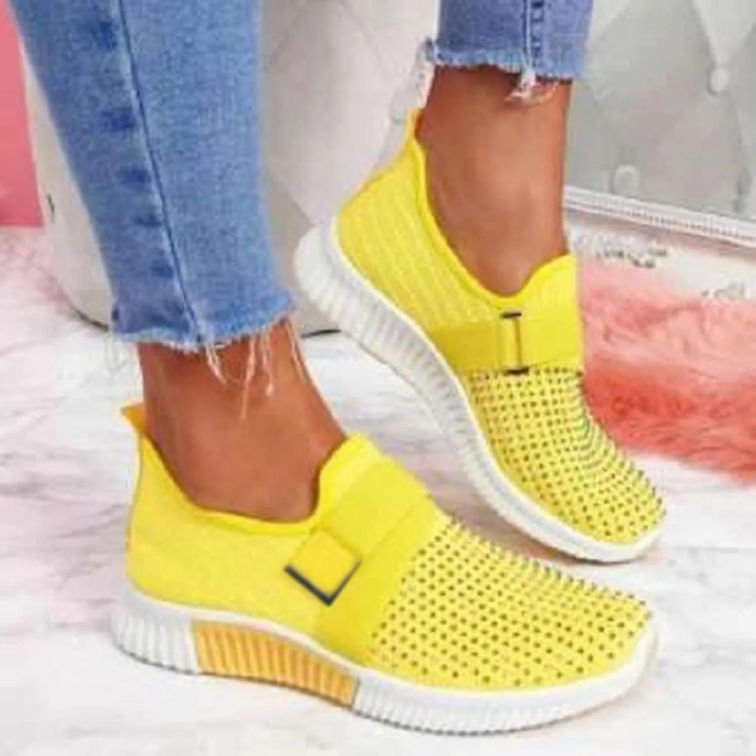 ZSpzx Arch Support Mesh Flats Shoes for Women Comfort Walking Sneakers Slip On Lightweight Comfy Breathable Slip On Shoes with Elastic Band Mesh Trainers Casual Low Top Shoes for Jogging Running